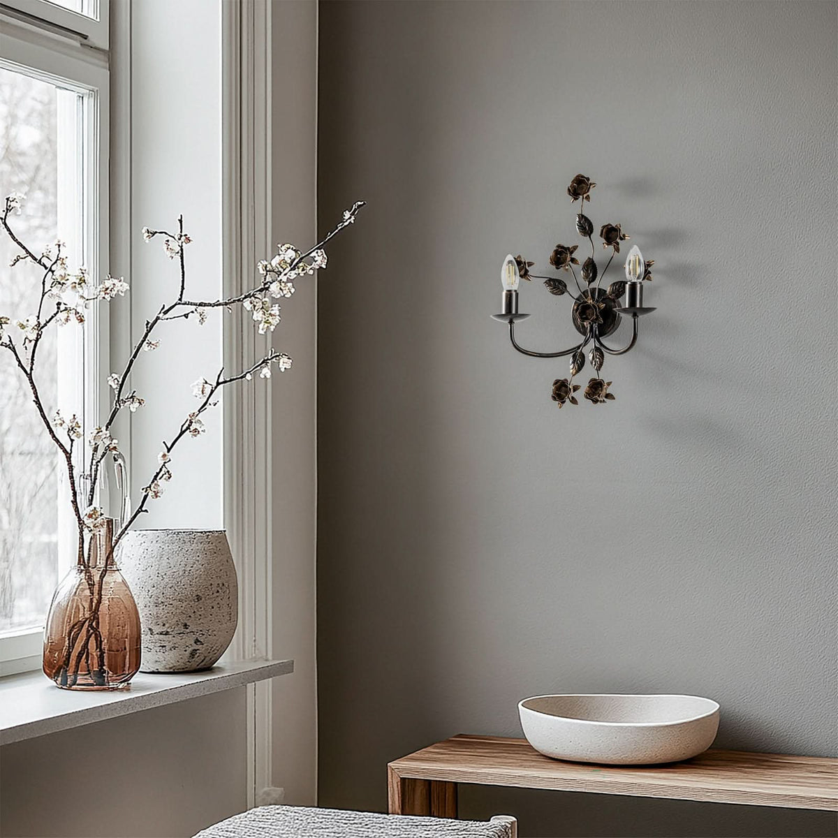 Applique murale Carolina en fer forgé, bronze, 2 lumières, hauteur 40 cm