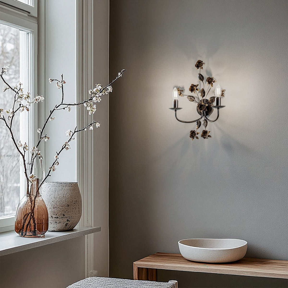 Applique murale Carolina en fer forgé, bronze, 2 lumières, hauteur 40 cm