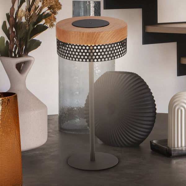 Lampe à poser d'extérieur LED rechargeable Booha en métal, bois et noir, Ø 16 cm, IP44