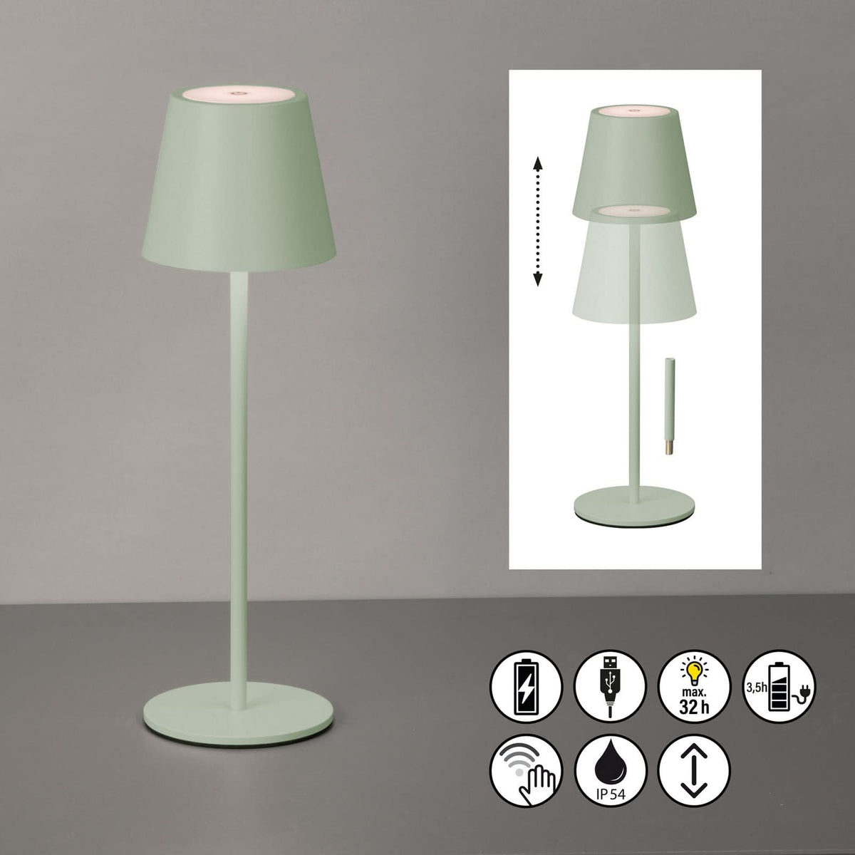 Lampe à poser d'extérieur LED rechargeable Viletto en métal, vert, Ø 11 cm, IP54