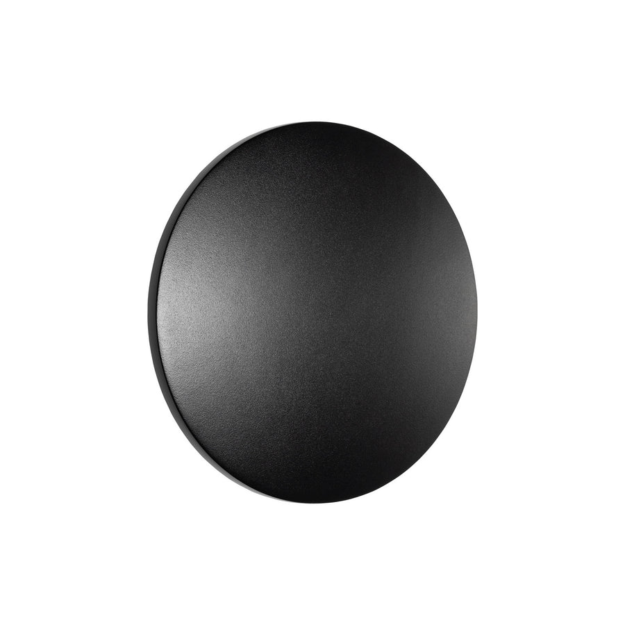Vue de face du luminaire rond noir, isolé sur fond blanc.
