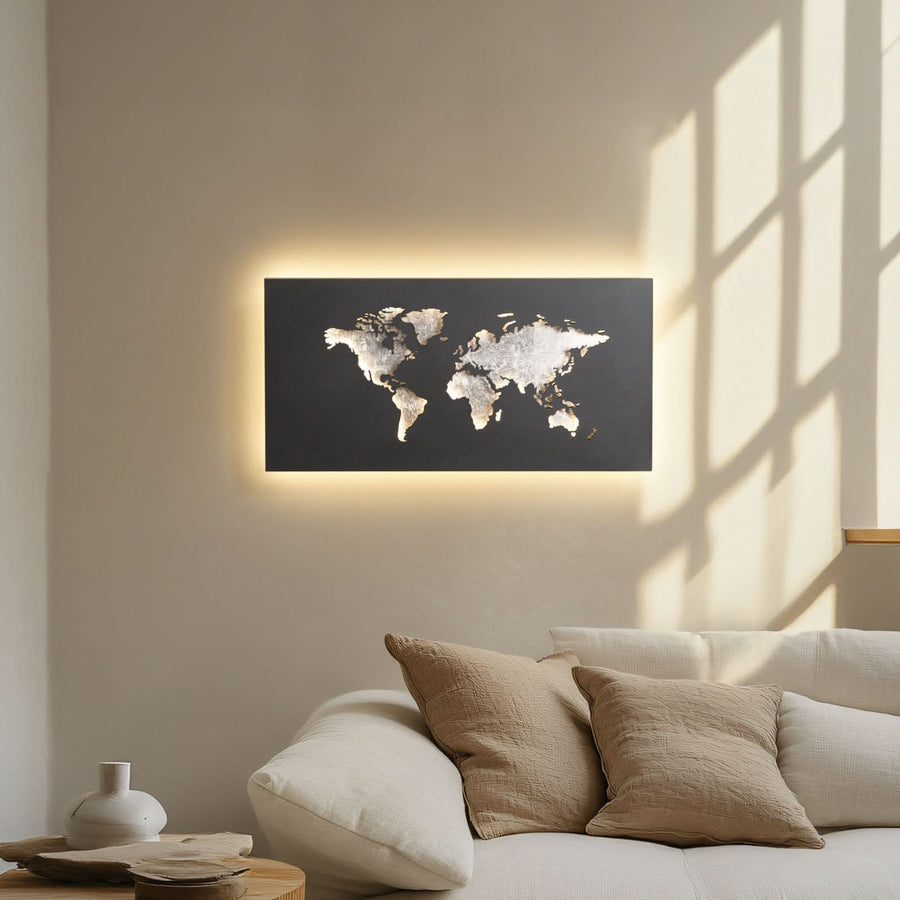 Applique murale LED World en métal, noir et argenté, hauteur 30 cm