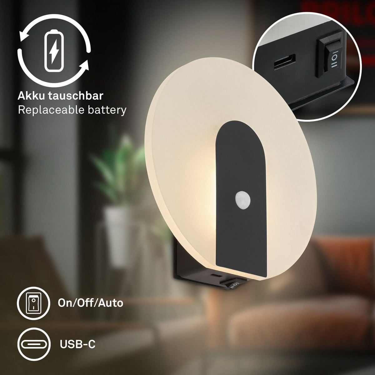 Applique murale LED rechargeable Taro en métal, noir mat, Ø 15 cm