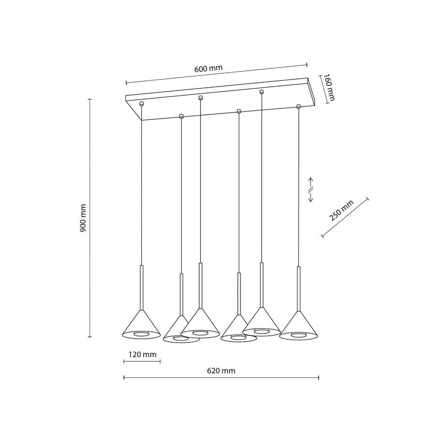 Suspension Cono Mini en métal, noir, 6 lumières, longueur 62 cm