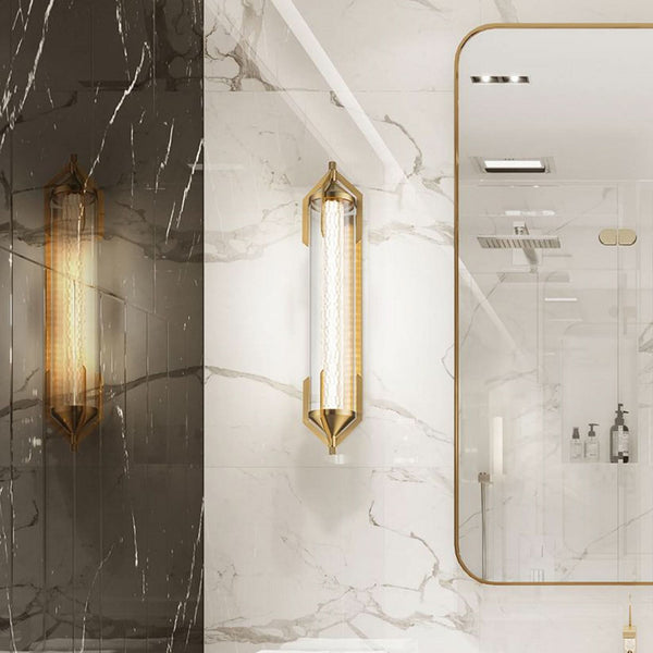Applique murale LED Espada en verre, doré brossé et transparent, hauteur 14 cm, IP44