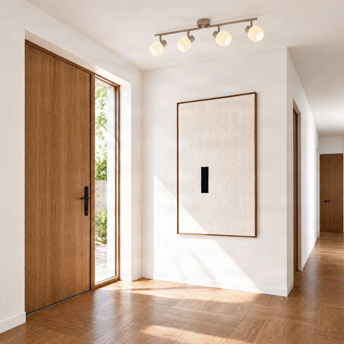 Mise en ambiance dans une entrée lumineuse, spots allumés au plafond au-dessus d’un couloir.