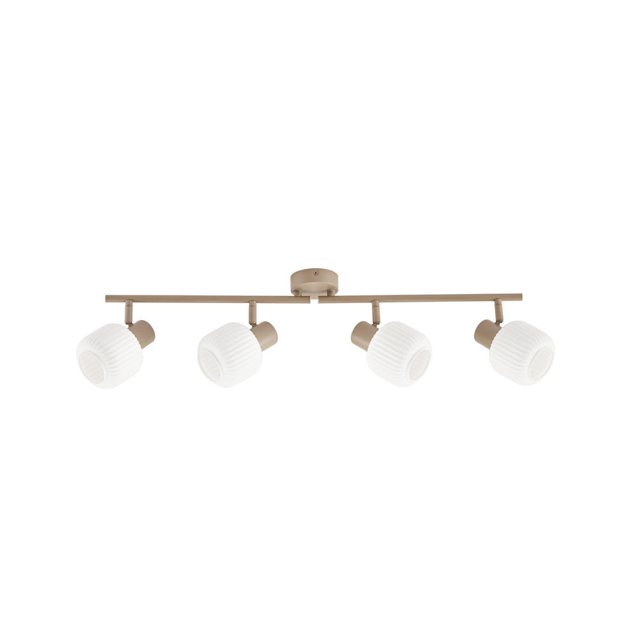 Produit de face sur fond blanc, quatre globes en verre strié et structure beige clair.