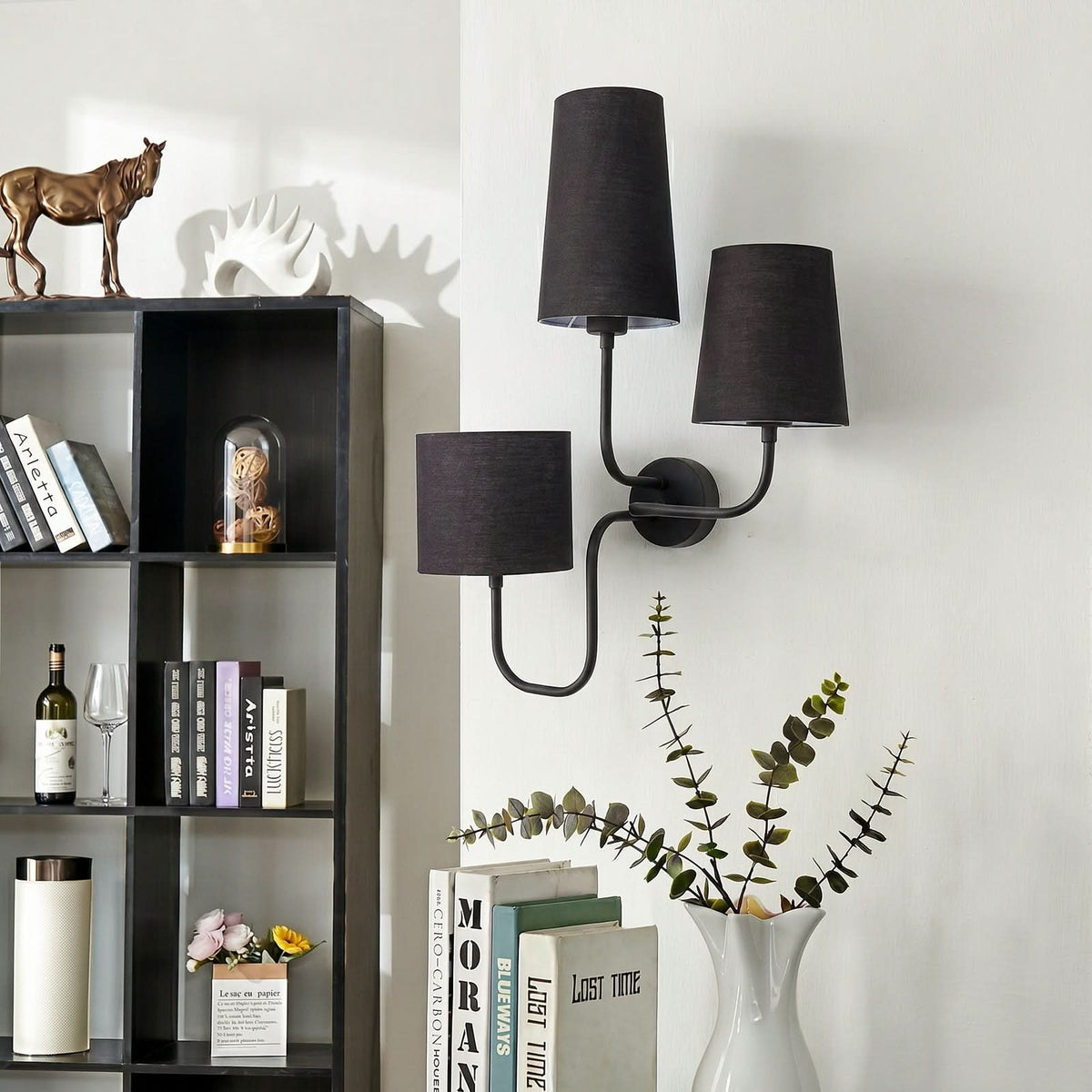 Applique murale Çatal en tissu, noir, 3 lumières, hauteur 57 cm