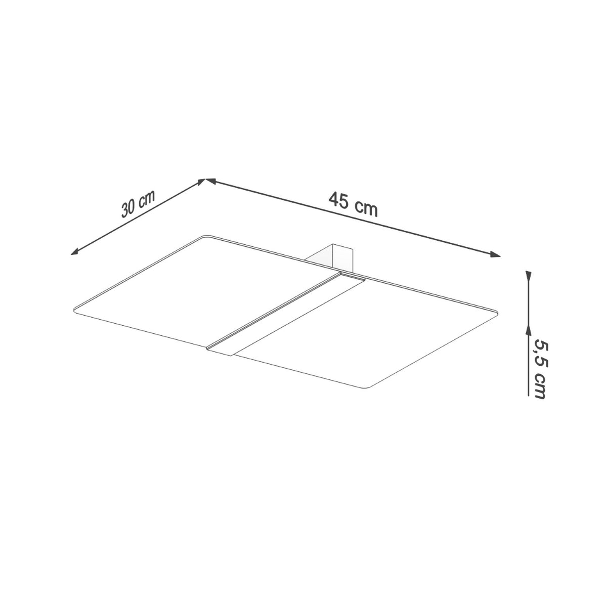 Schéma technique coté : 45 cm de long, 30 cm de large, 5,5 cm d'épaisseur