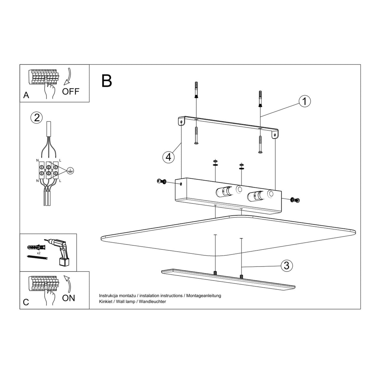 Notice de montage : visserie, bornier électrique et fixation au support plafond