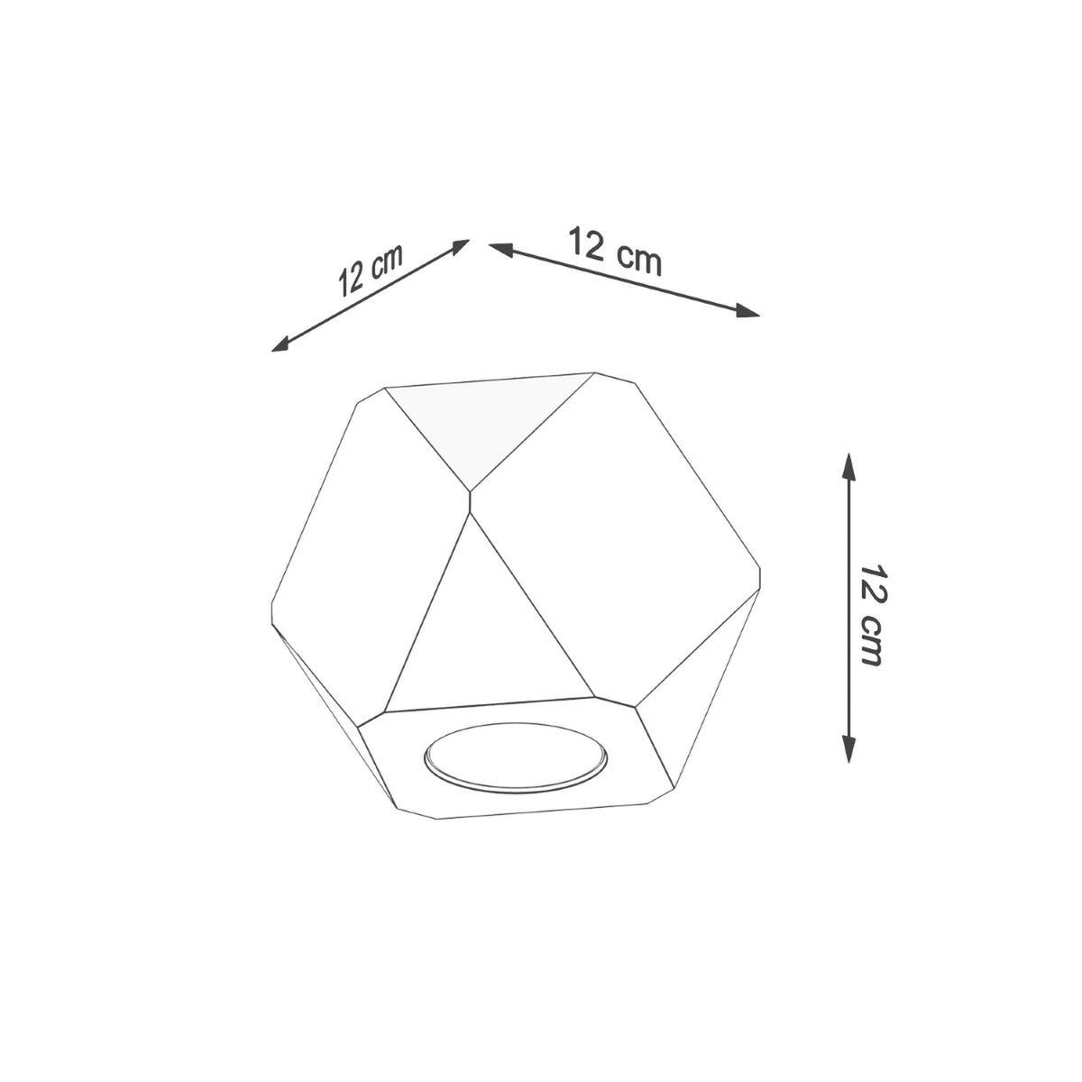 Schéma coté du plafonnier hexagonal, dimensions 12 cm sur 12 cm et 12 cm.
