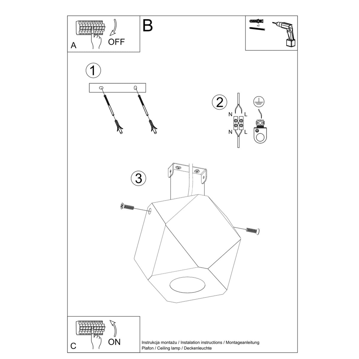 Notice de montage du plafonnier, étapes de fixation et raccordement électrique.
