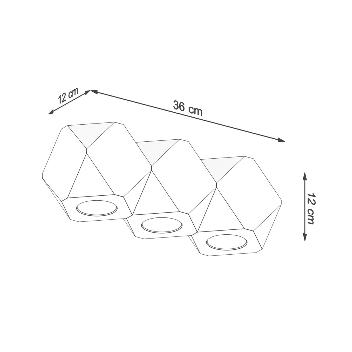 Schéma coté du luminaire indiquant trente-six centimètres de long et douze de large.
