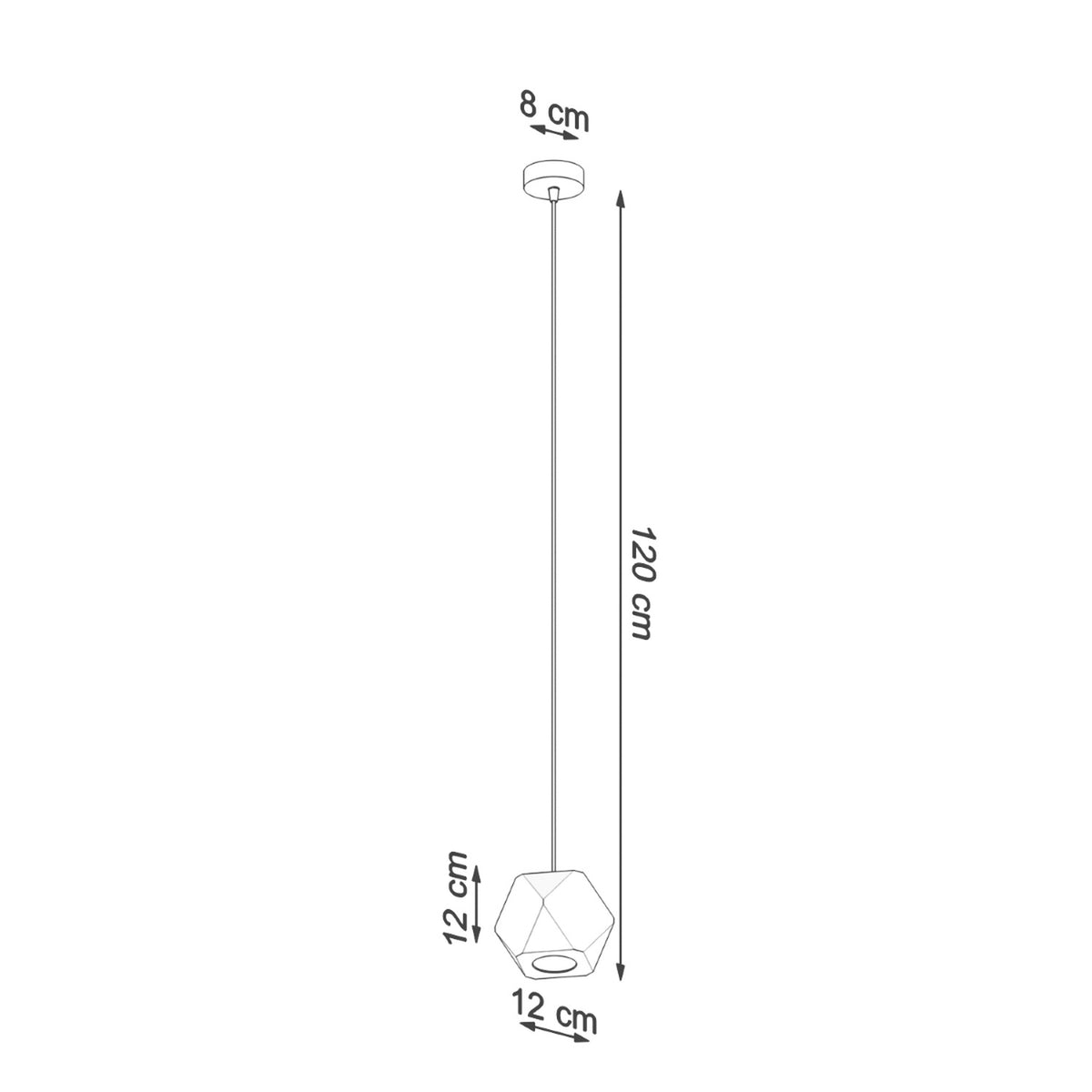 Schéma coté indiquant base de 8 cm, hauteur 120 cm et abat-jour 12 cm