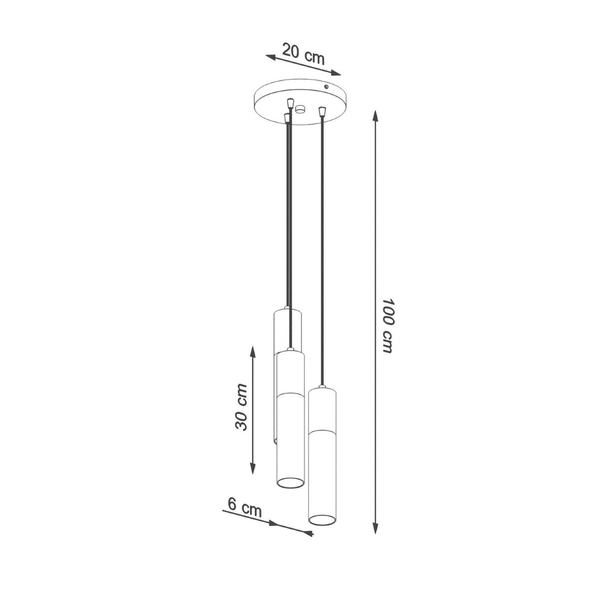 Schéma coté du luminaire avec base 20 cm, hauteur 100 cm et abat-jour 30 cm