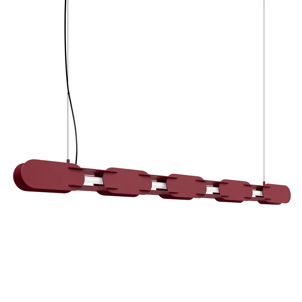 Finition rouge bordeaux, alignement des modules arrondis et diffuseur LED central