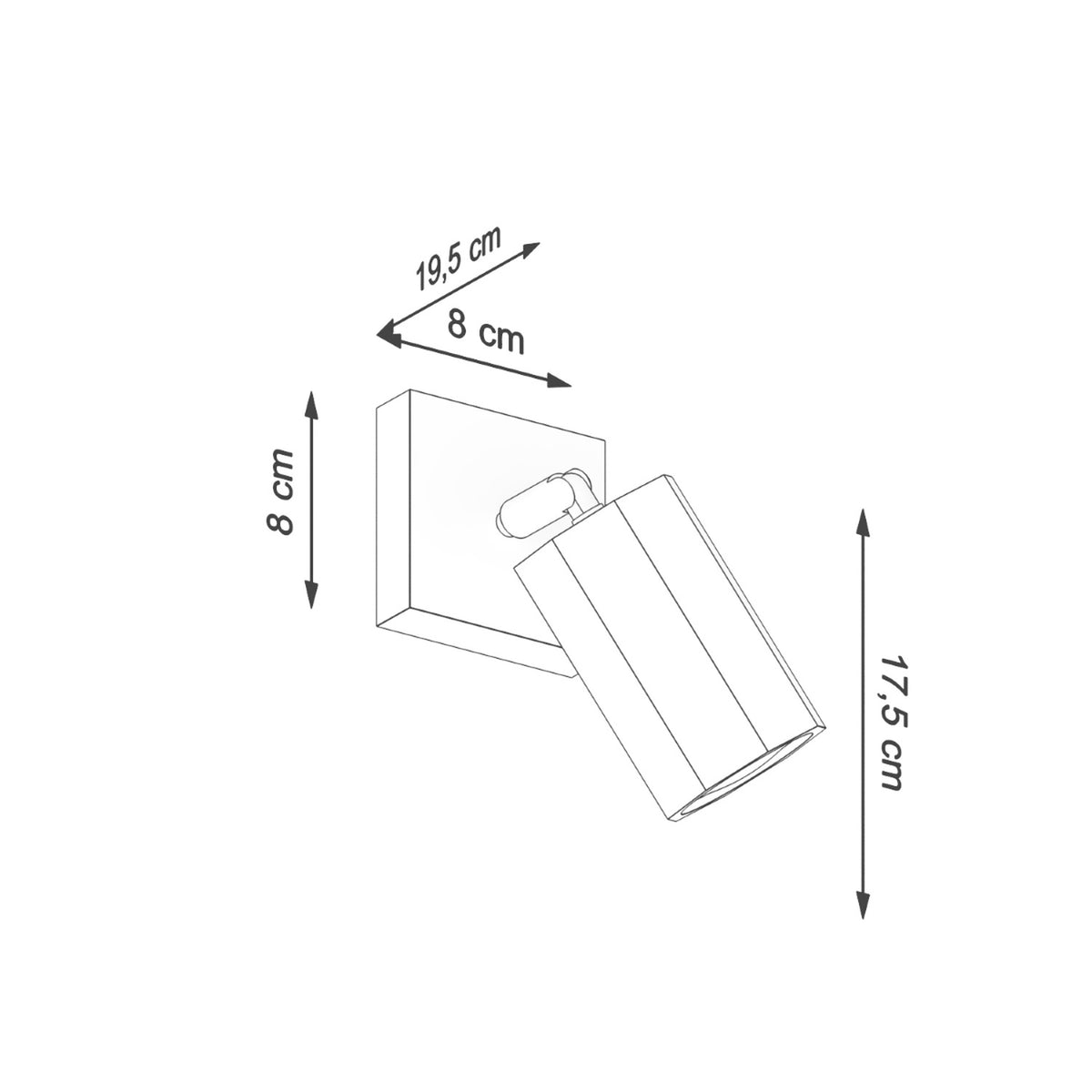 Schéma coté indiquant base de 8 cm, profondeur 19,5 cm et longueur 17,5 cm