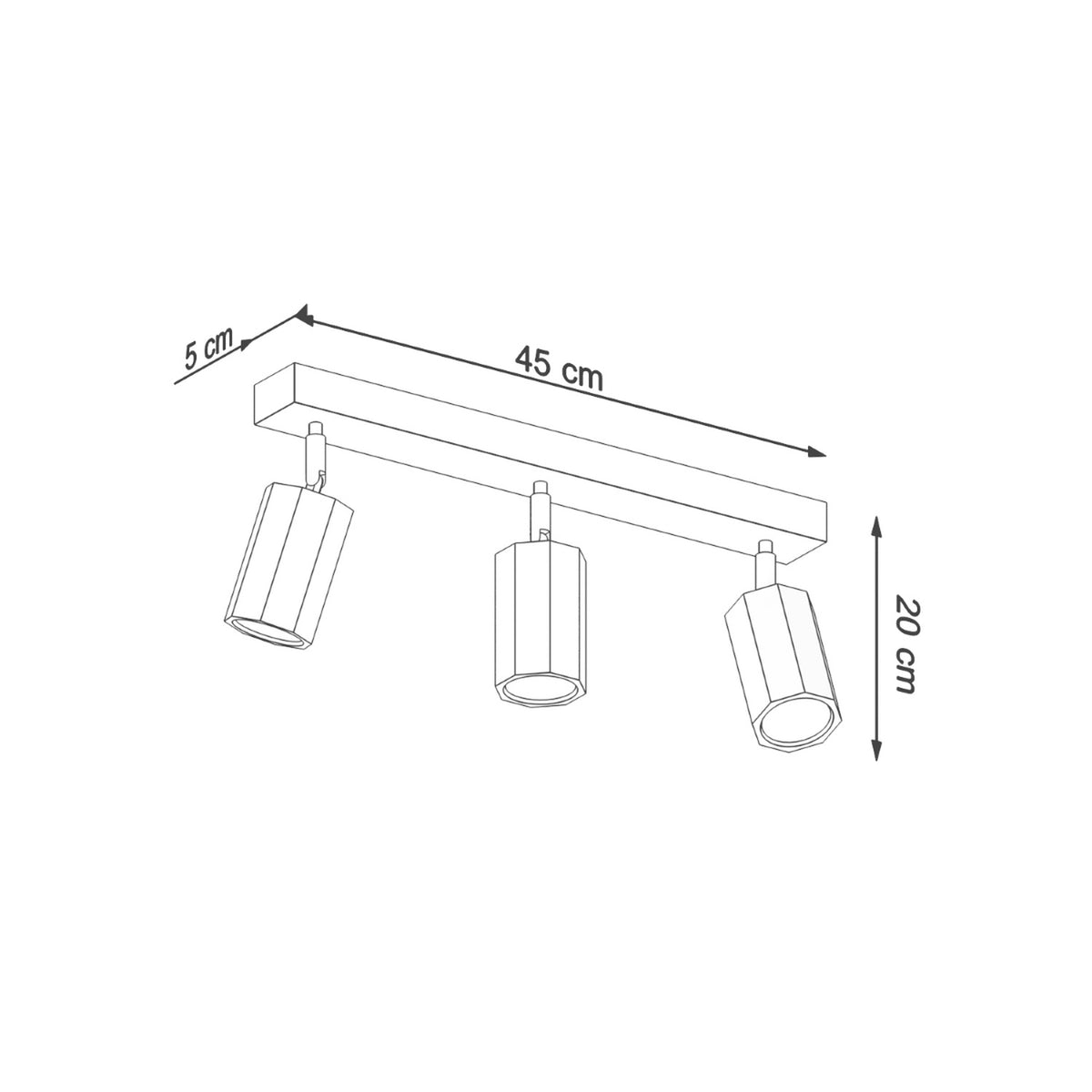 Schéma coté : 45 cm de large, 5 cm de profondeur et 20 cm de haut.