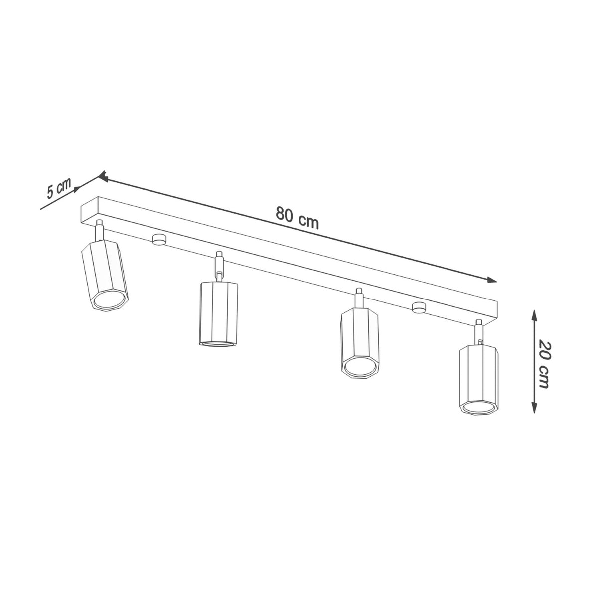 Schéma coté du plafonnier avec longueur 80 cm, largeur 5 cm et hauteur 20 cm.