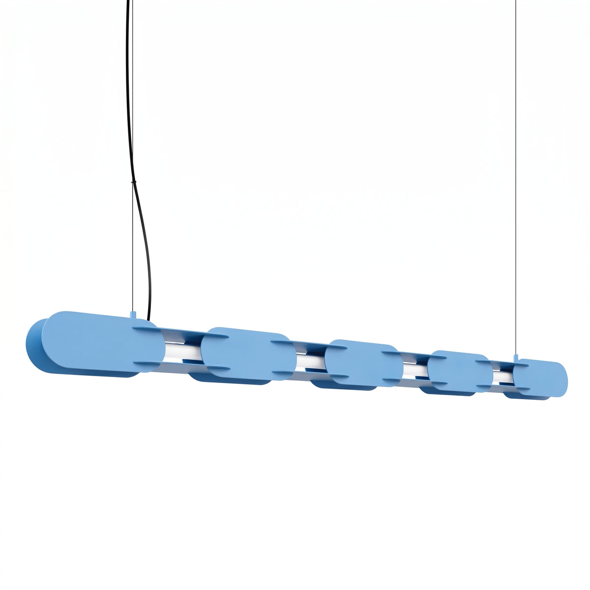 Version bleu clair du luminaire suspendu, éclairage LED intégré visible entre les disques.