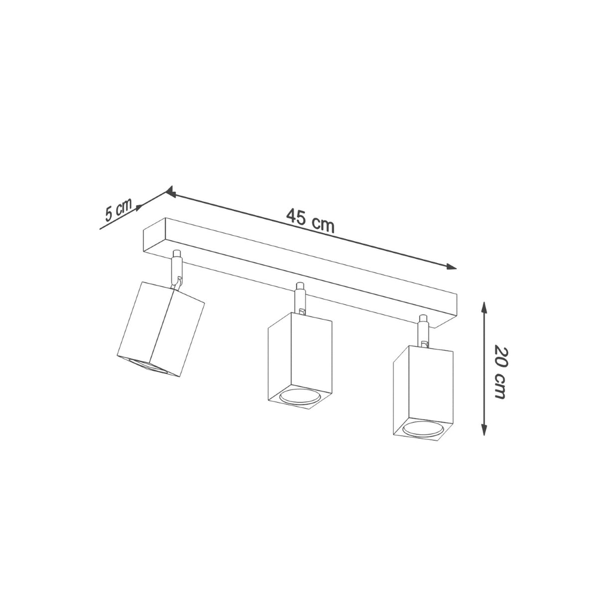 Schéma technique coté du plafonnier : largeur 45 cm, hauteur 20 cm, profondeur 5 cm