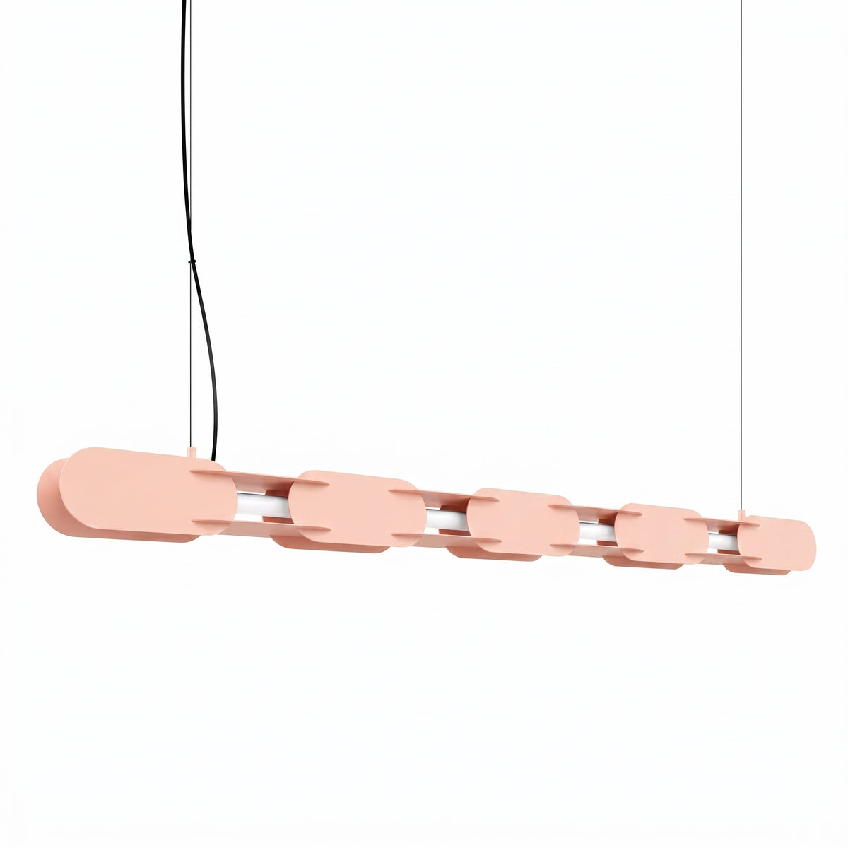 Présentation du modèle rose pâle, structure en chaîne de modules ovales et câbles fins.