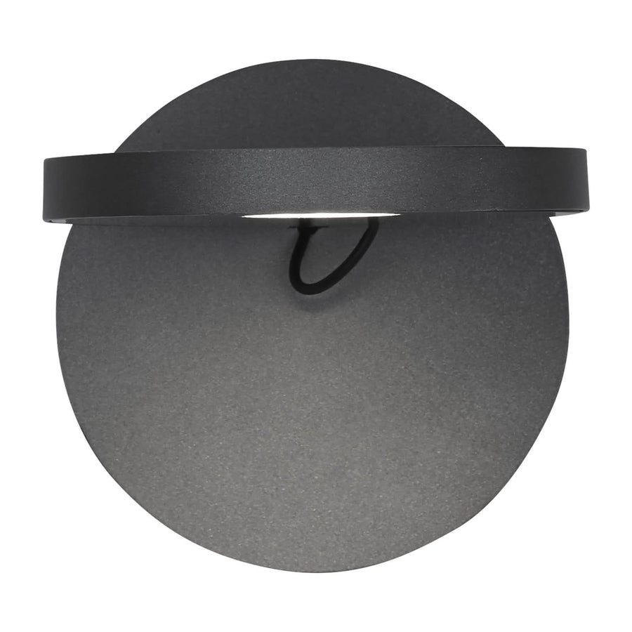 Vue de face du luminaire rond anthracite, bras horizontal et diffuseur LED intégré.
