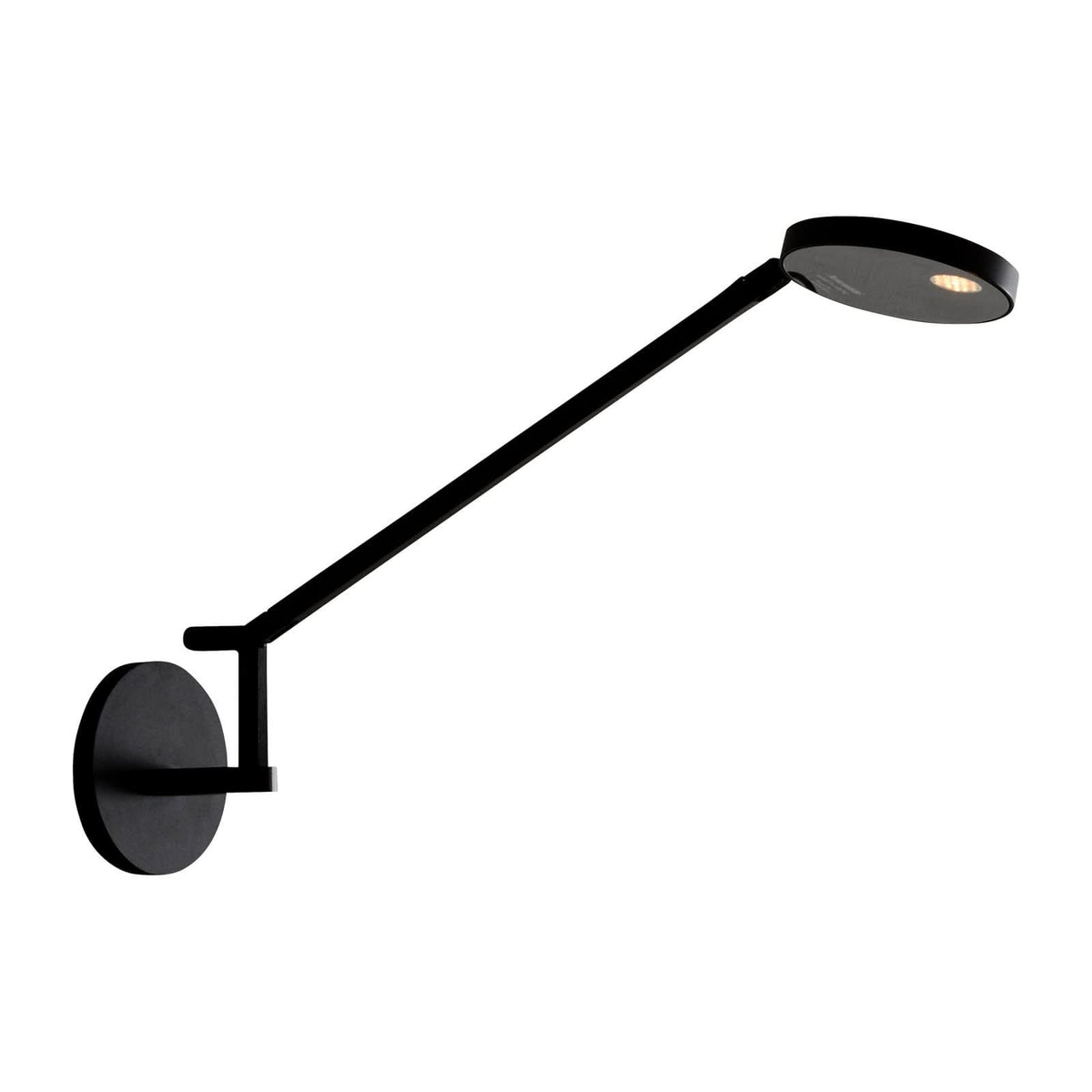 Vue de profil sur fond blanc du luminaire noir avec long bras et tête ronde.