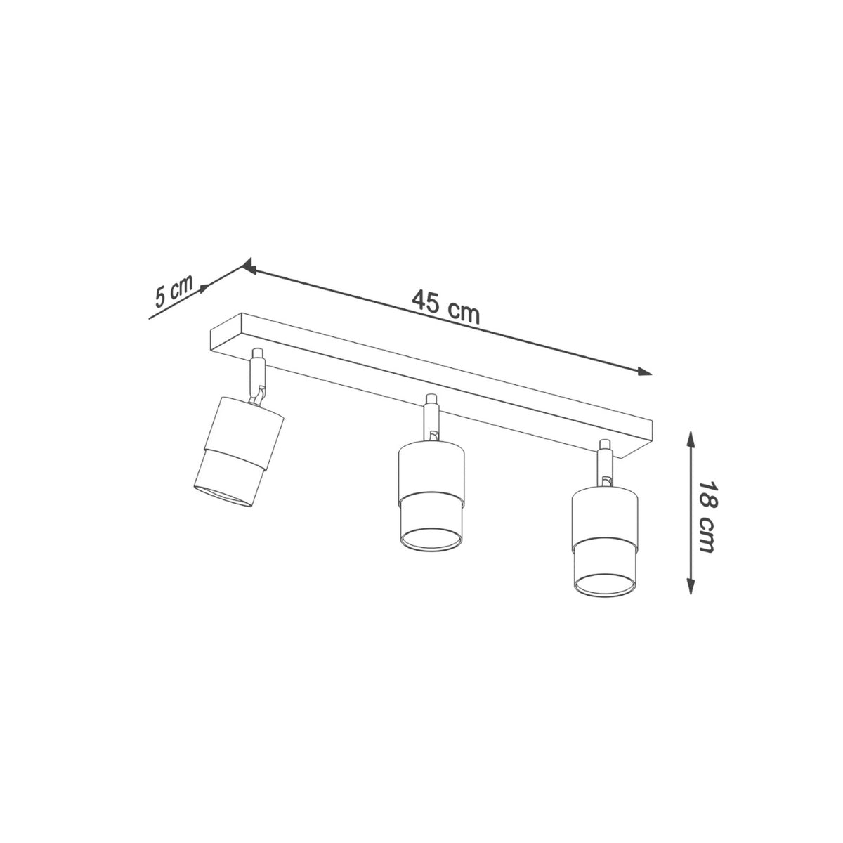 Schéma coté du plafonnier : longueur 45 cm, profondeur 5 cm, hauteur 18 cm.