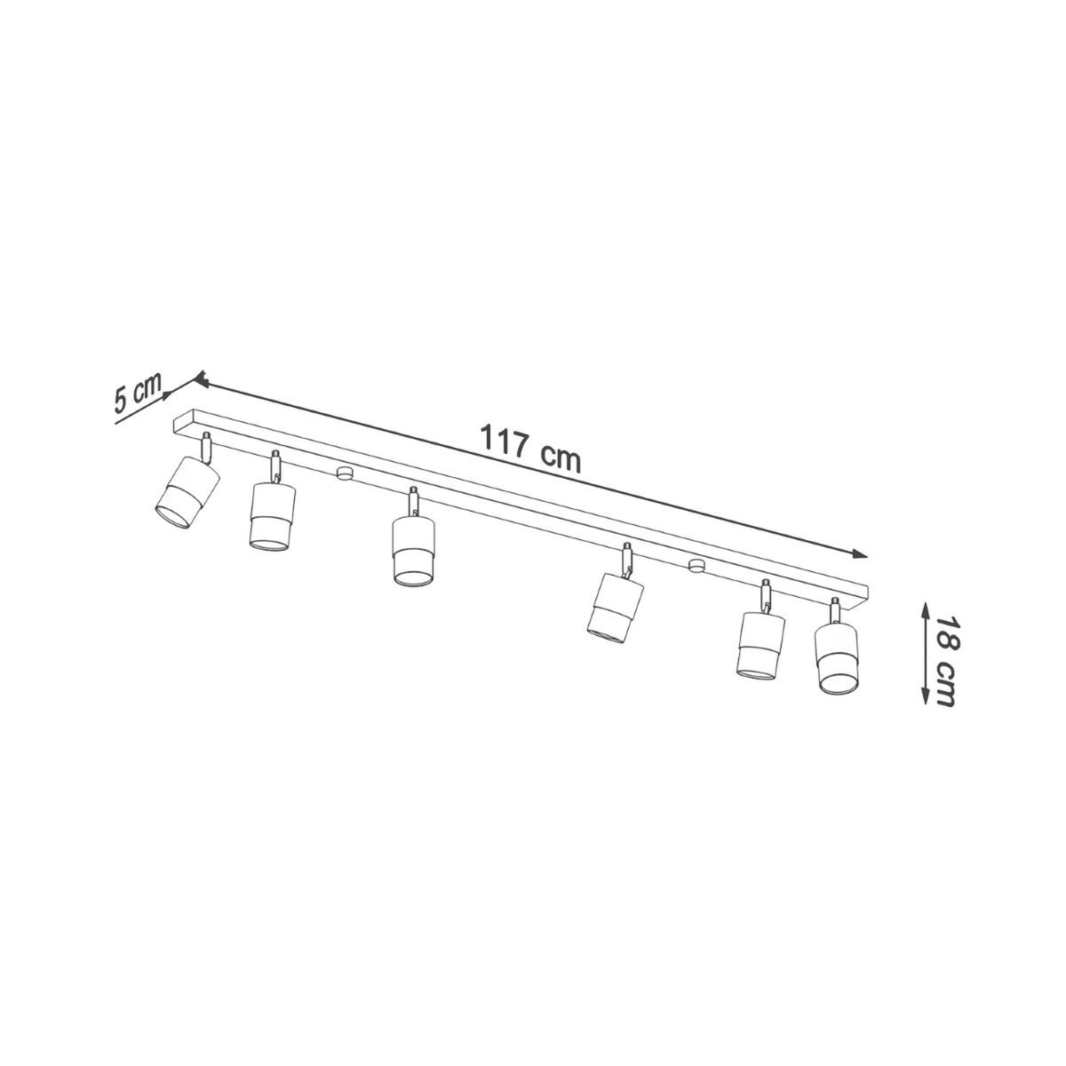 Schéma coté du luminaire indiquant 117 cm de long, 18 cm de haut et 5 cm