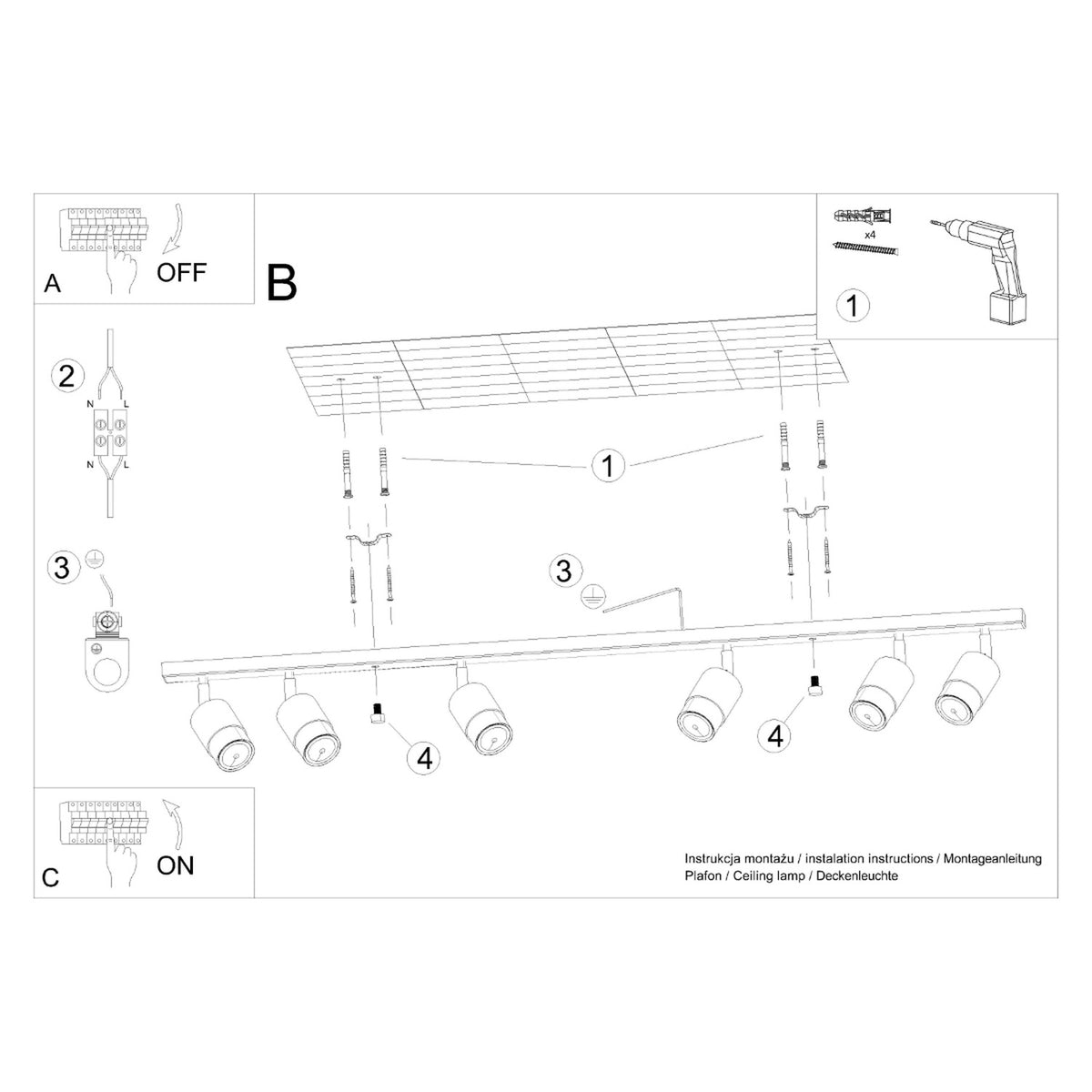 Notice de montage illustrée : vissage au plafond, raccordement électrique et visserie fournie