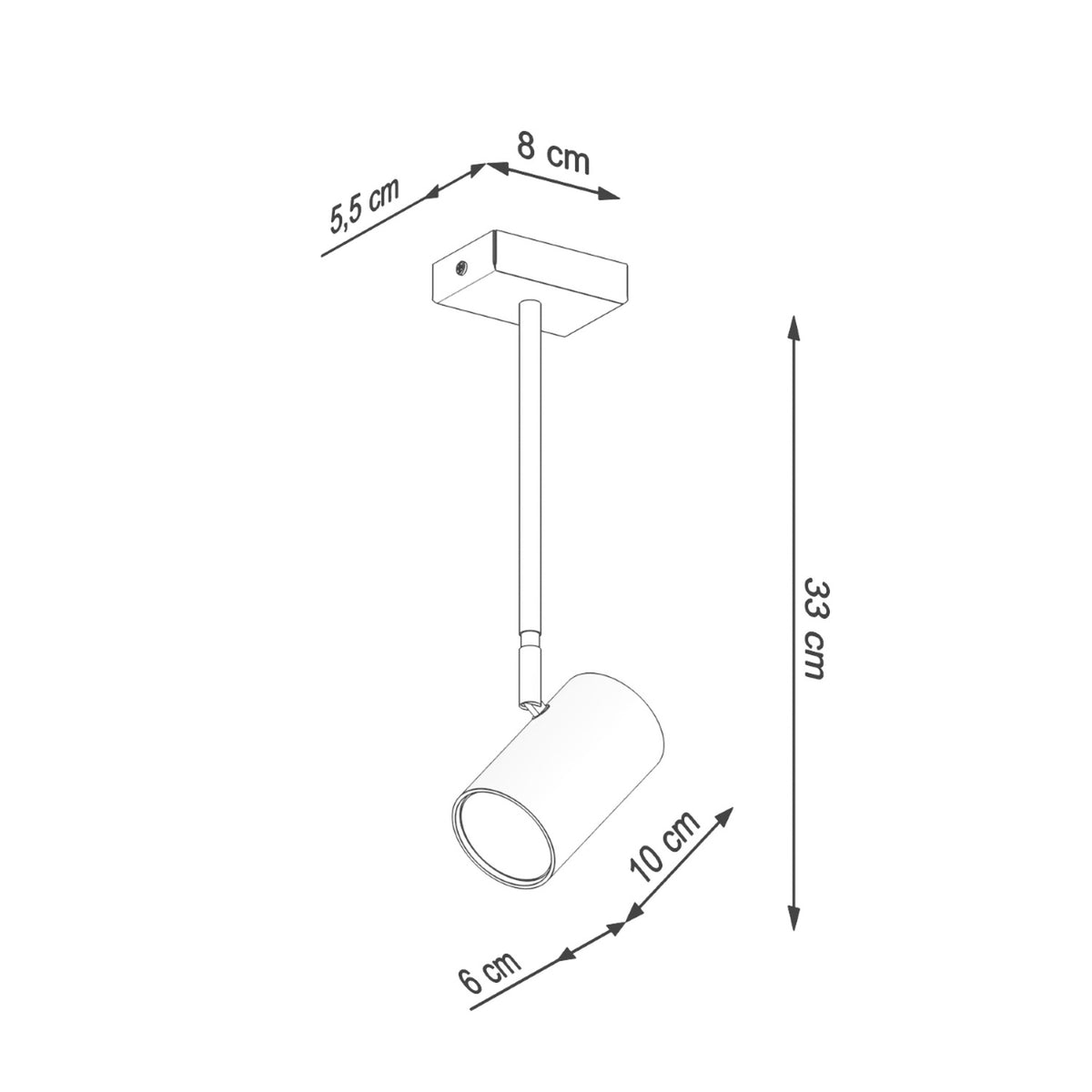 Schéma coté du plafonnier avec dimensions de la base, de la tige et du spot.