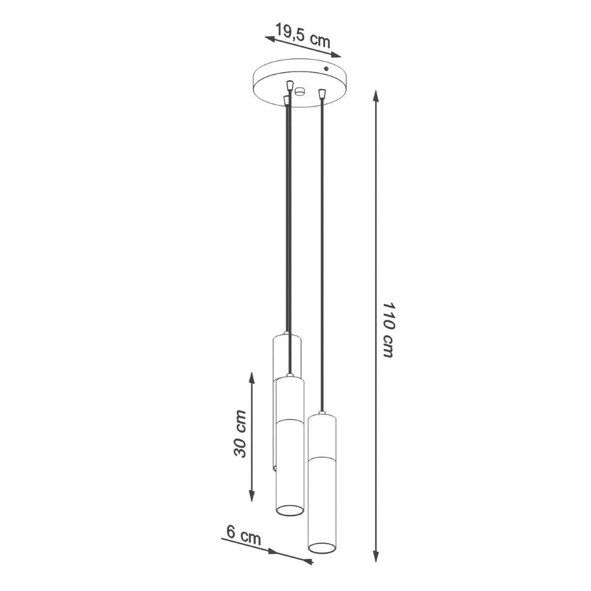 Schéma coté du luminaire avec hauteur 110 cm, cylindre 30 cm et diamètre 6 cm.