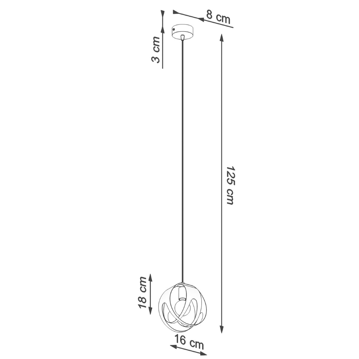 Schéma coté indiquant hauteur 125 cm, diamètre 16 cm et rosace 8 cm