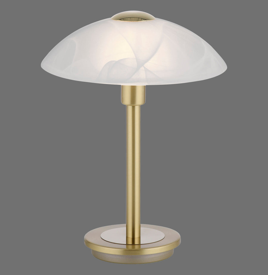 Vue de face sur fond gris de la lampe à poser laiton et verre alabâtre