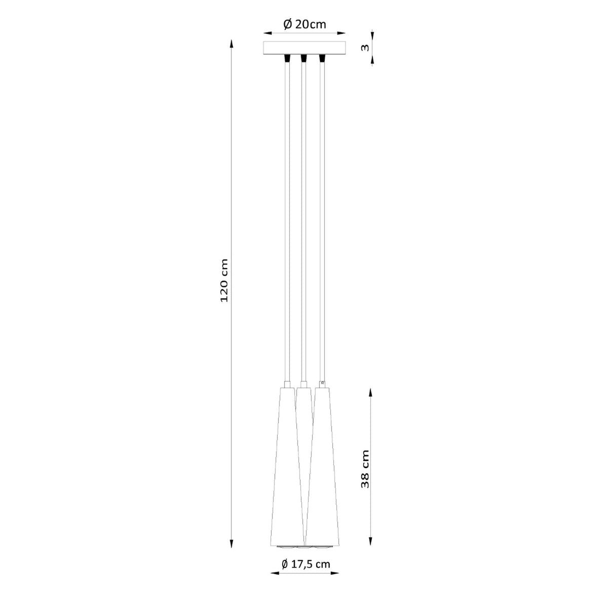 Schéma coté du luminaire : hauteur 120 cm, abat-jour 38 cm, rosace 20 cm