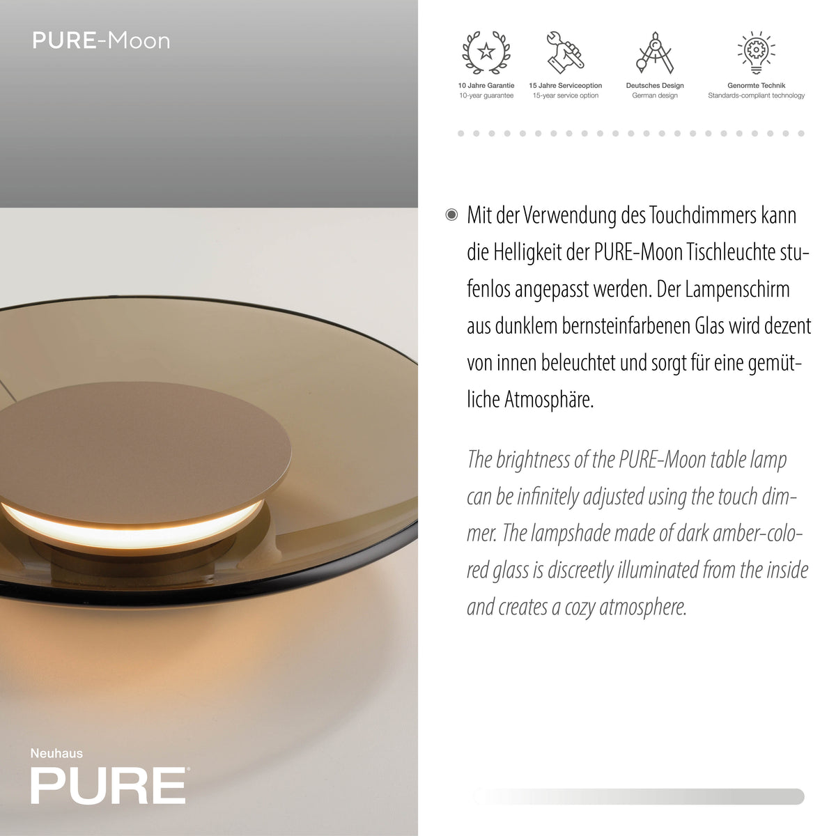 Gros plan sur l'anneau LED central et le verre ambré foncé de l'abat-jour.