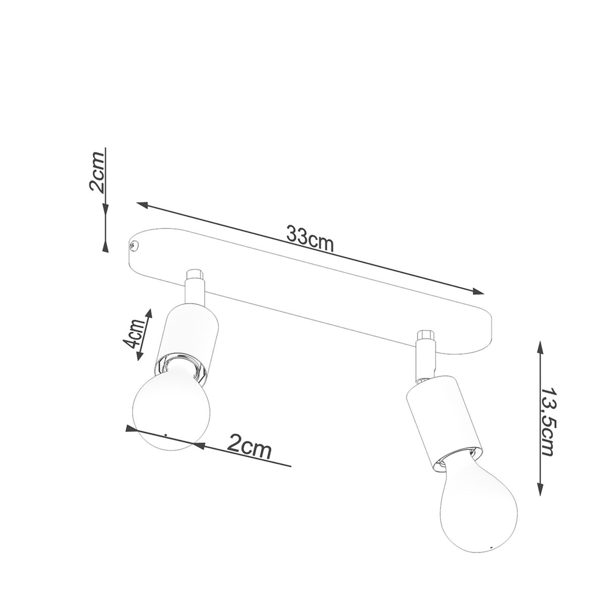 Schéma coté du plafonnier avec longueur 33 cm et hauteur 13,5 cm