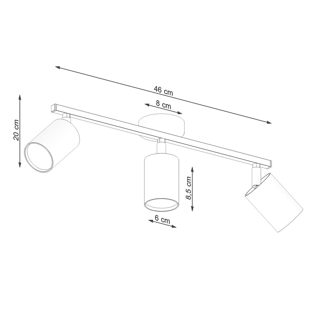 Schéma coté du plafonnier : longueur 46 cm, hauteur 20 cm, spots 8,5 cm.