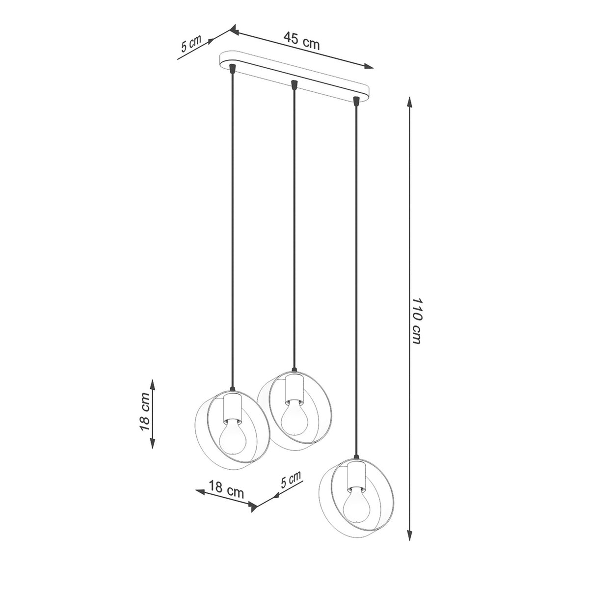 Schéma technique coté du luminaire avec mesures en centimètres.