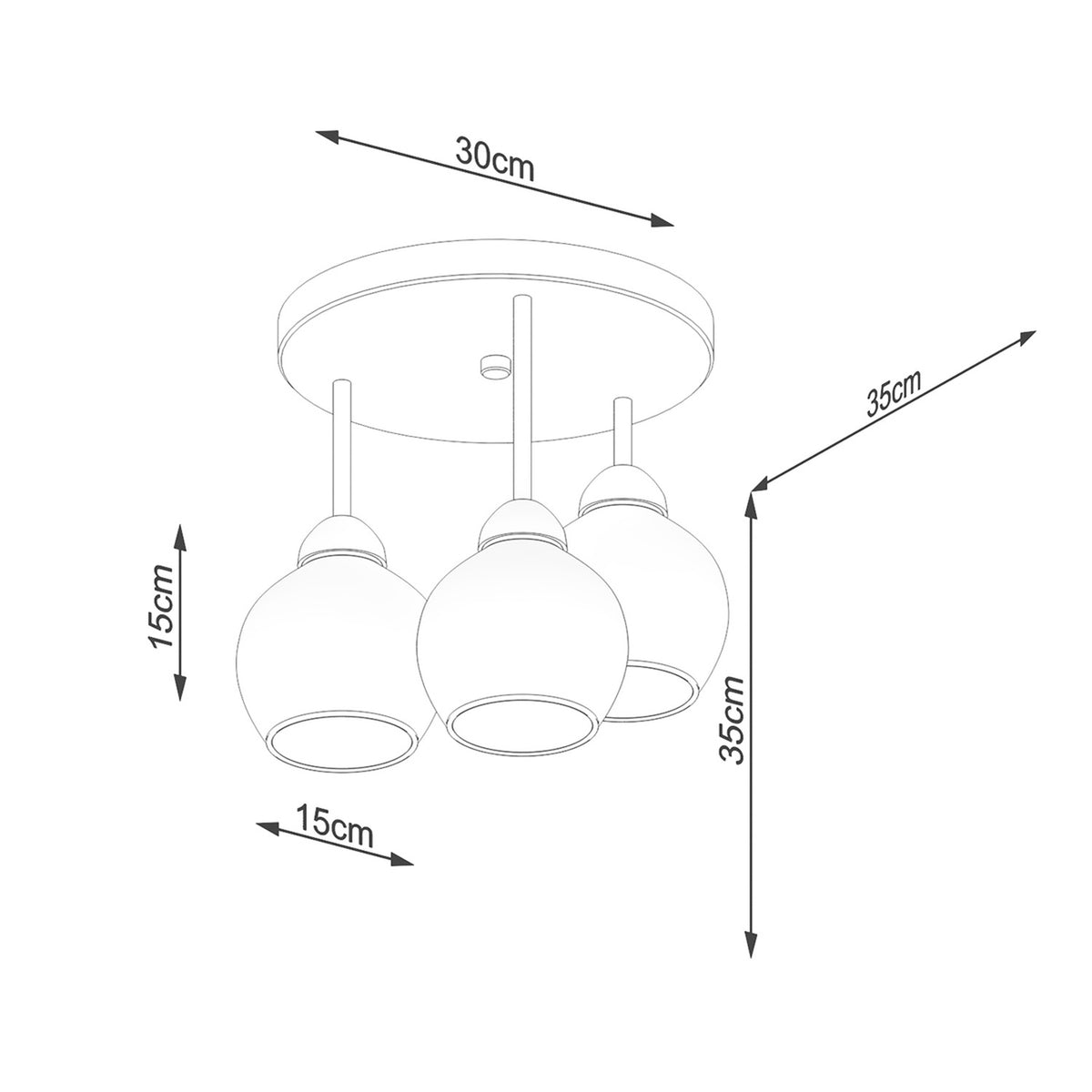 Schéma de dimensions du luminaire avec cotes 30 cm, 35 cm et 15 cm.
