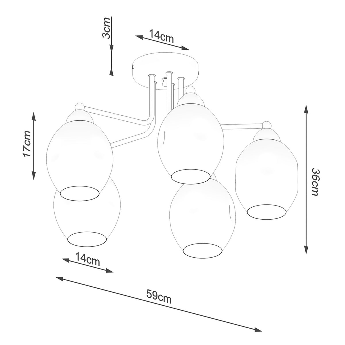 Schéma de dimensions cotées du luminaire : 59 cm de large, 36 cm de haut.