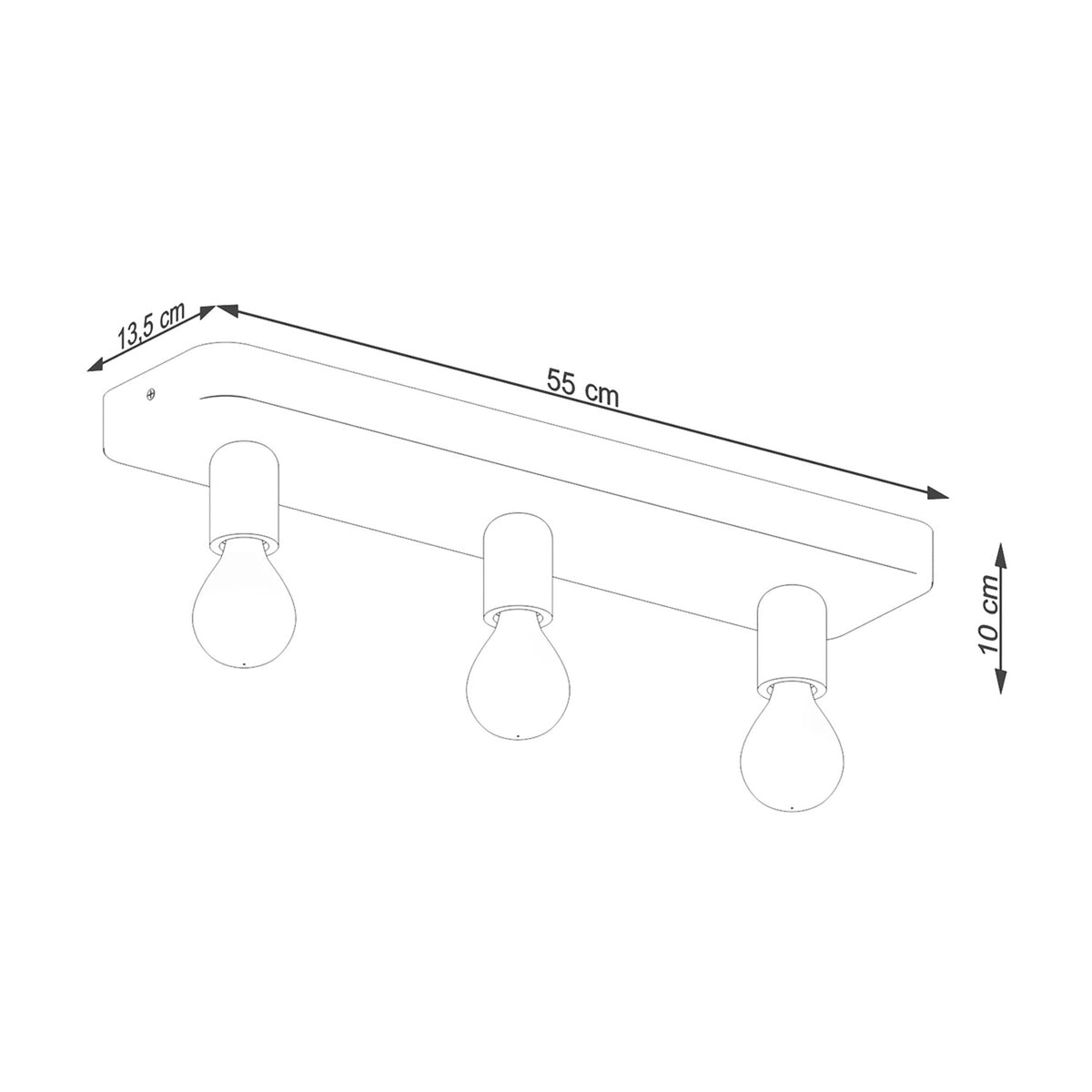 Schéma de dimensions du plafonnier avec largeur 55 cm, profondeur 13,5 cm et hauteur 10 cm.