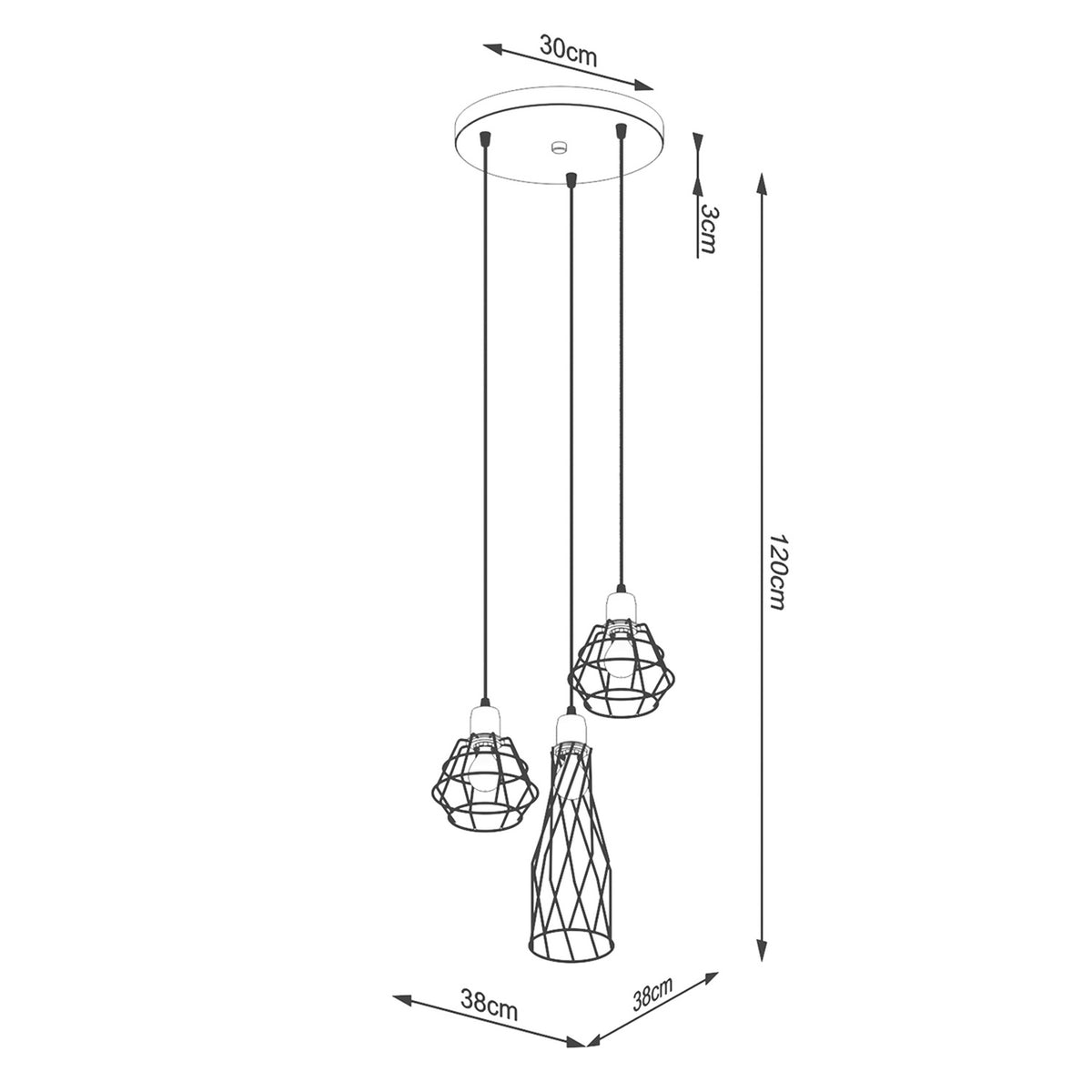 Schéma coté : rosace 30 cm, hauteur totale 120 cm, emprise 38 cm.