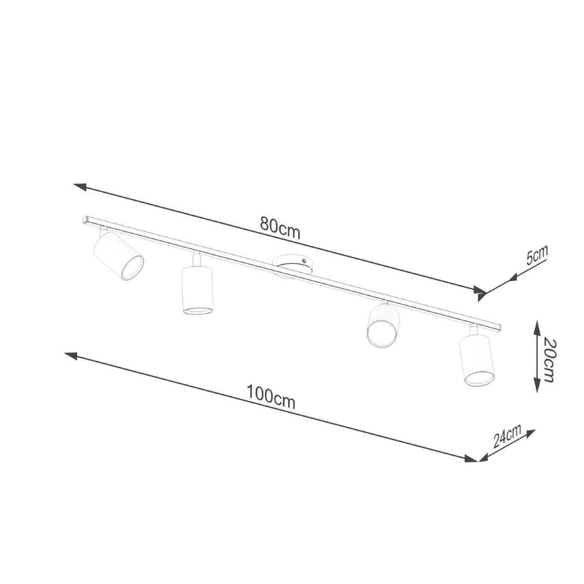Schéma coté indiquant longueur 80 cm, profondeur 24 cm et hauteur 20 cm