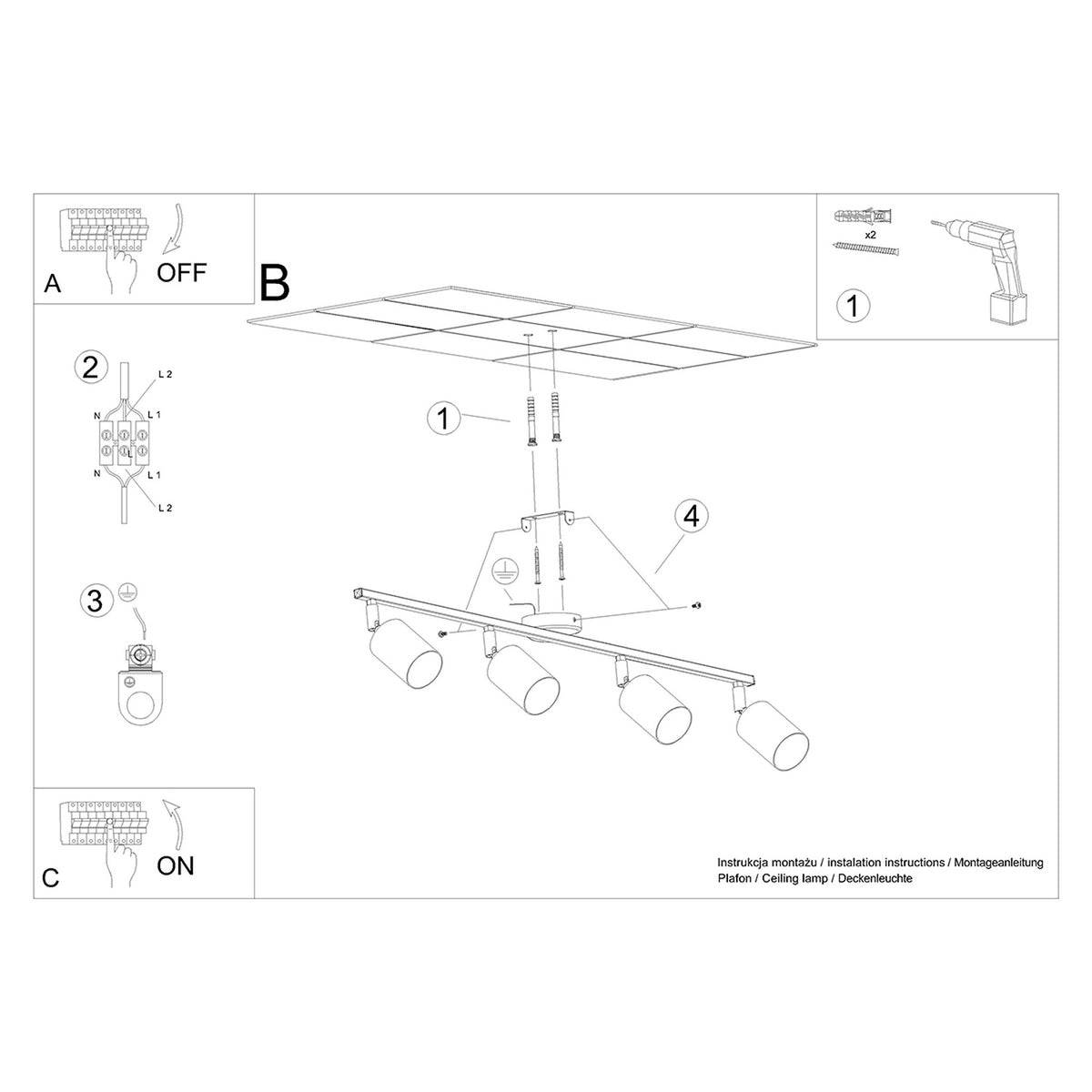Notice de montage au plafond, raccordement électrique et vissage du support