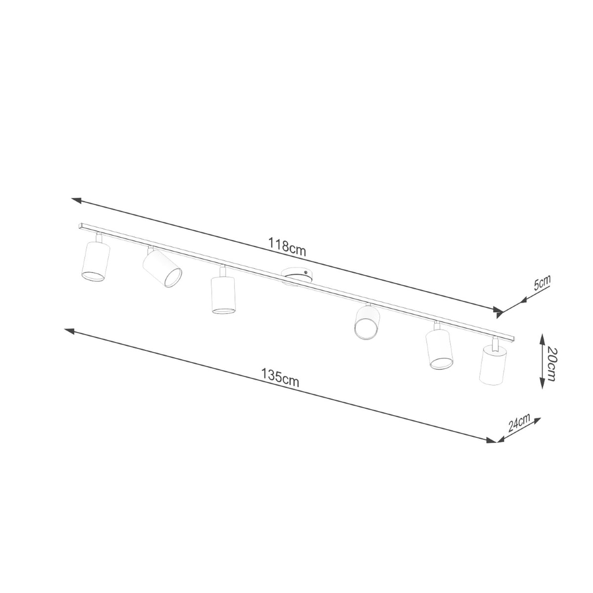 Schéma coté du luminaire affichant 135 cm, 118 cm, 24, 5 et 20 cm