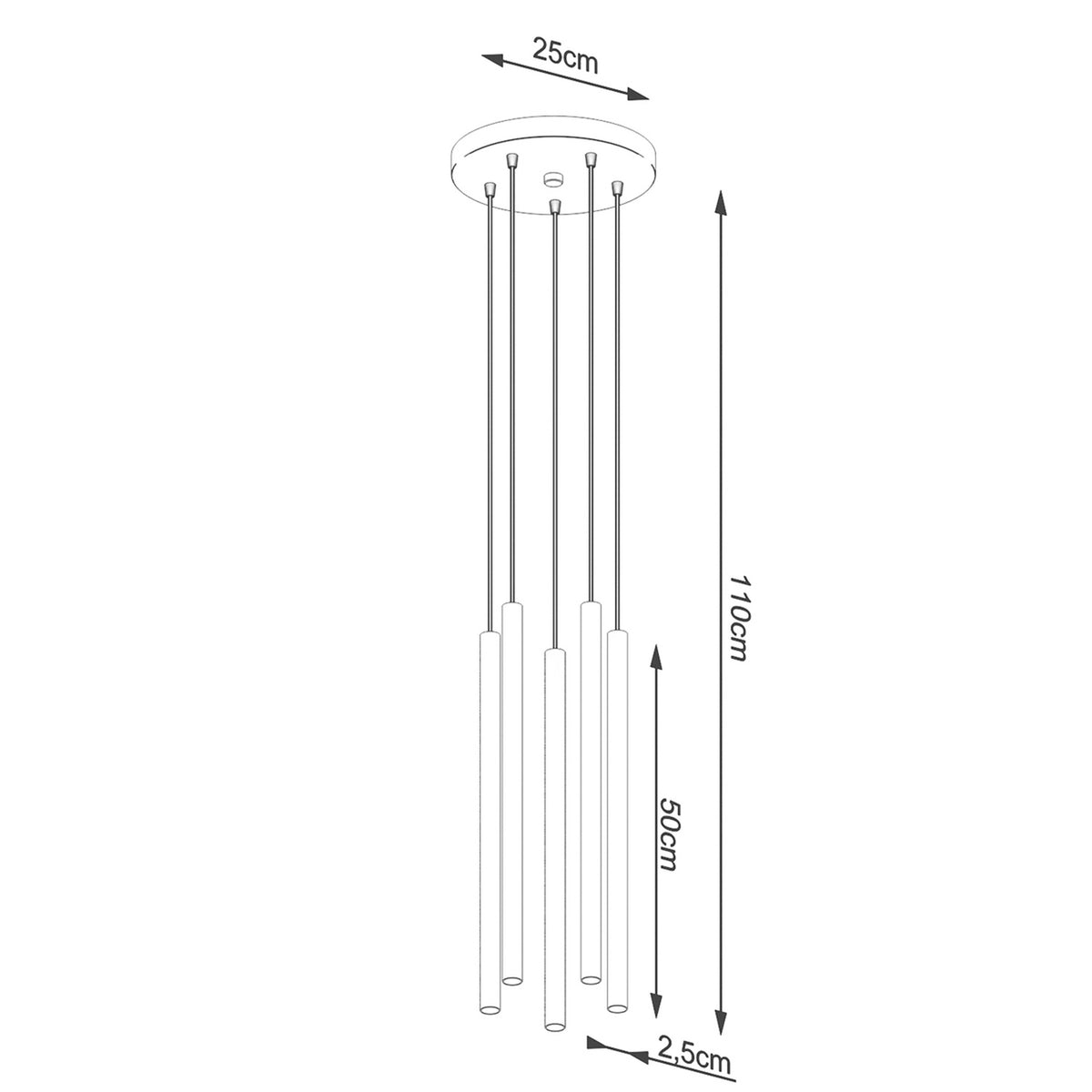 Schéma coté du luminaire : rosace 25 cm, hauteur 110 cm et tubes de 50 cm.