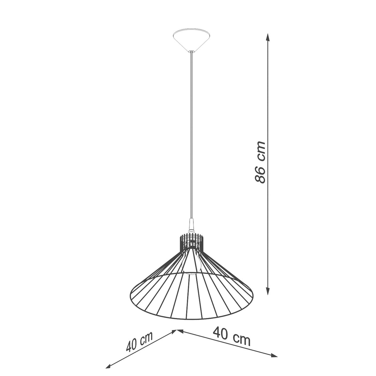 Schéma coté de la suspension : hauteur 86 cm et diamètre 40 cm.