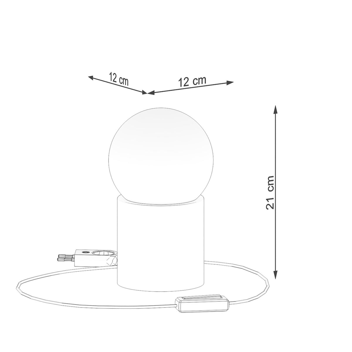 Schéma coté avec dimensions 12 cm de large et 21 cm de hauteur, câble et interrupteur.